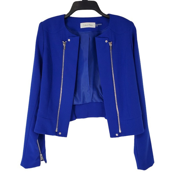 Calvin Klein Womens Open Front Jacket Royal Blue Lined Zippers Petites 2P - Picture 6 of 11